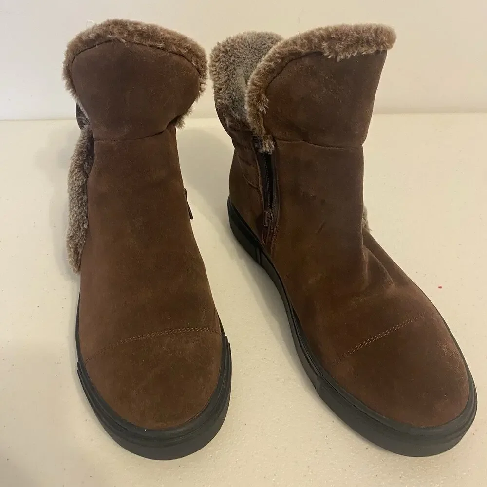 Naturalizer Brown Suede Women 8.5M Boots Shearling Ankle Soft Warm Side Zip